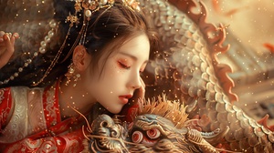 masterpiece photography , top view , A Chinese princesses cuddling a megalophobia dragon , transparent PVC material , red golden color , elaborate , levitating , sprinkle gold dust , sprinkle golden everywhere , Huge Pearls , royal , gorgeous , tang dynasty style , Cinematic Lighting , dreamlike , surre alism , bokeh , hyperrealistic , photorealistic detail ,4K,8k,16k, HDR , best quality , ultra detailed