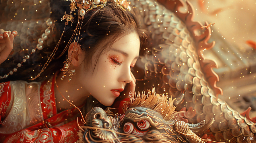 Dreamlike Chinese Princess with Megalophobia Dragon