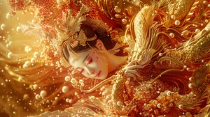 masterpiece photography , top view , A Chinese princesses cuddling a megalophobia dragon , transparent PVC material , red golden color , elaborate , levitating , sprinkle gold dust , sprinkle golden everywhere , Huge Pearls , royal , gorgeous , tang dynasty style , Cinematic Lighting , dreamlike , surre alism , bokeh , hyperrealistic , photorealistic detail ,4K,8k,16k, HDR , best quality , ultra detailed