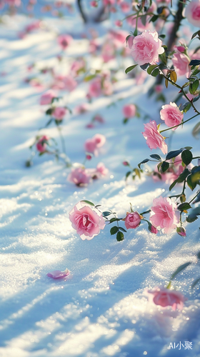 雪地上漂浮的粉色玫瑰花与清澈明亮的白色雪地