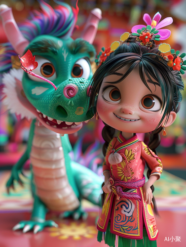 Colorful Chinese Dragon Flying with Cute Girl in Pixar Animation Style