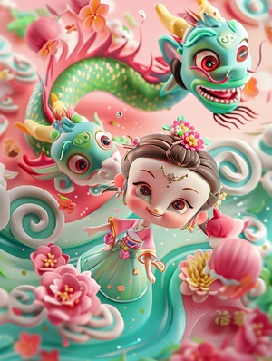 Pixar animation style, Chinese New Year , Colorful backgroung, made of marshmallow material, a big green and pink Chinese dragon with a big smile, its tail is like cloud with Chinese style flowers, it has a colorful flowers on its head, flying around a super cute girl, wearing stunning traditional Chinese clothing, she has big eyes, big smile, long hair cutout design, colorful background, ultra high detail, HD quality, 32k, ar 3:4 v 6.0