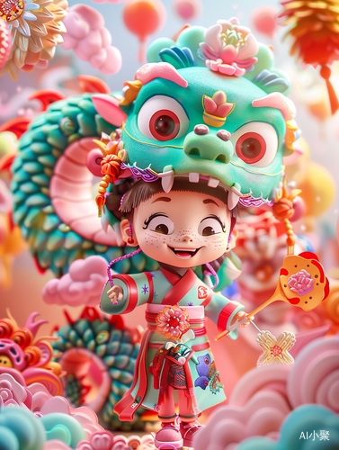 Colorful Chinese Dragon Flying with Cute Girl in Pixar Animation Style