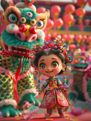 Colorful Chinese Dragon Flying with Cute Girl in Pixar Animation Style