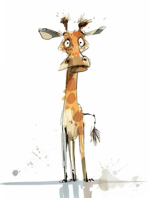 Ralph Steadman style,a cute giraffe,rough -drawn style,fluffy feeling,natural expression,full body image,cartoon style,vector file,watercolorv6.0