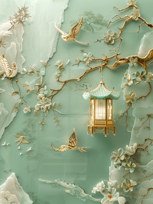 Chinese Relief Mural & Gold Inlaid Jade Carving: Traditional Lantern on Light Green Background