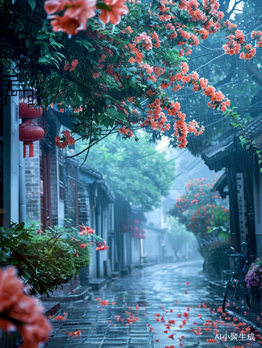 江南古镇的美丽雨中花海