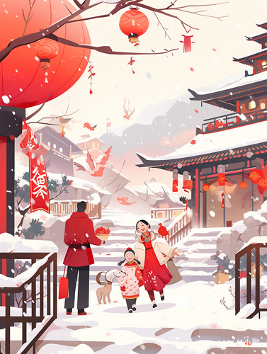 中国孩子和父母在乡村放烟花，大雪纷飞的插画场景