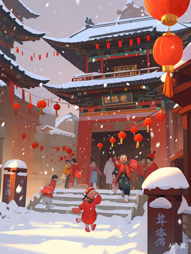 中国孩子和父母在乡村放烟花，大雪纷飞的插画场景