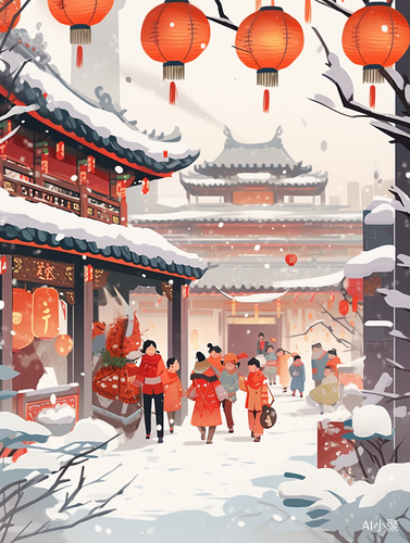 中国孩子和父母在乡村放烟花，大雪纷飞的插画场景