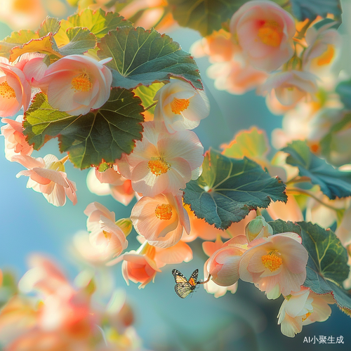 海棠花绽放在蓝天下，美丽如仙境