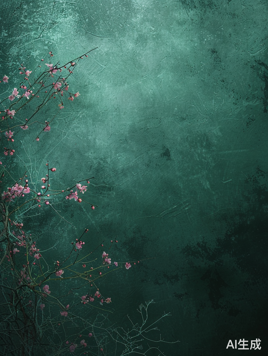 墨绿磨砂背景，草树根与梅花共舞