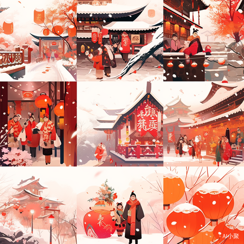 现代插画场景：中国冬日乡村烟花与雪人