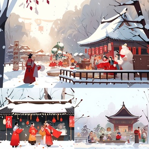 现代插画场景：中国冬日乡村烟花与雪人