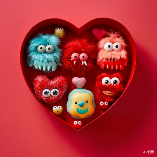 Neatly Arranged Fluffy Little Monsters Bonbons in a Heart Shaped Box