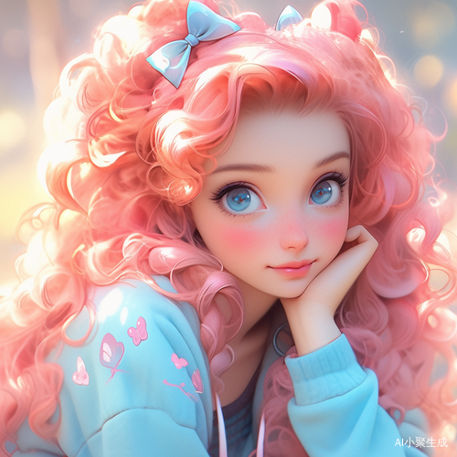 少女元气满满 蓝色裙子 粉色卷发