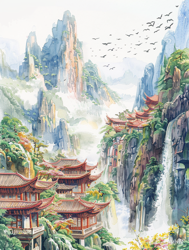 Watercolor Painting of Ancient Chinese Architecture and Majestic Mountain Scenery