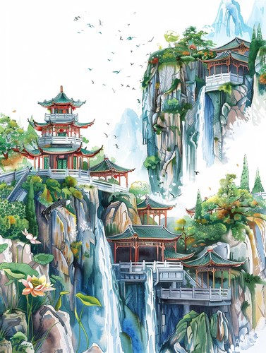 Watercolor Painting of Ancient Chinese Architecture and Majestic Mountain Scenery