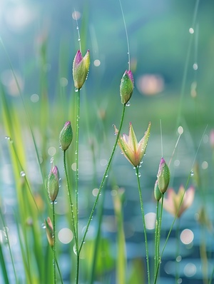 江南蒙蒙细雨打在青青嫩草上，远处池塘有含苞待放的花朵，高清摄影，背景模糊，有景深，近景突出嫩草上的雨滴