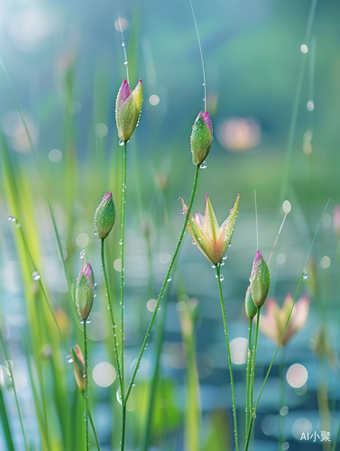 江南细雨倾洒，嫩草上的雨滴