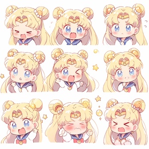 Emoticons, various expressions of Sailor Moon, Tsukino Usagi, Tuanzitou, Gentle, Beautiful, cute, Sailor Moon, emoticons [slapped, dizzy, happy, angry, crying, sad, cute, looking forward to, laughing, disappointed and shy, sleepy, eating, dizzy, expressing love, etc.], Pixar style , close-up view