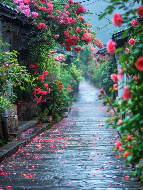 江南古镇，下起了大雨，两边的道路长满了鲜花，五颜六色，非常漂亮，安静，超清画质，超高清晰度，超高分辨率，16k ar 9:16