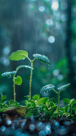 雨水节气，发芽的绿色植物，水滴晶莹剔透，绿意盎然，唯美