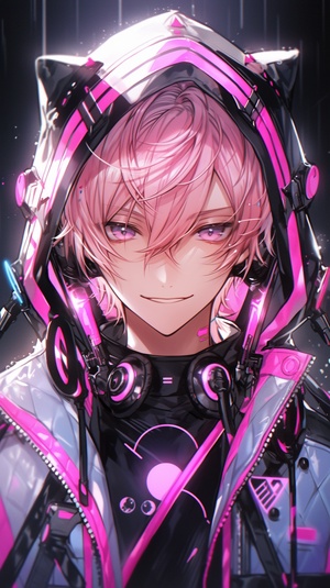 anime character with pink hair wearing a jacket and headpiece， in the style of futuristic digital art， nightcore， light black， 32k uhd， shiny eyes， trick of the eye paintings， vanitas ,