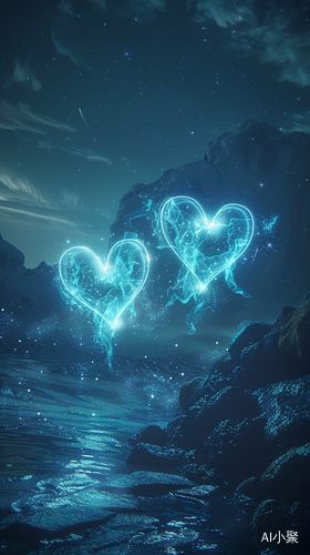 Dreamlike Romantic Visions: Glowing Hearts in the Night Sky