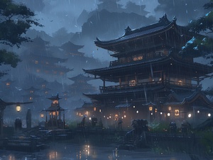 中国古代场景，下雨，有雾，烟雨蒙蒙的感觉，空境，高清画质，32k uhd