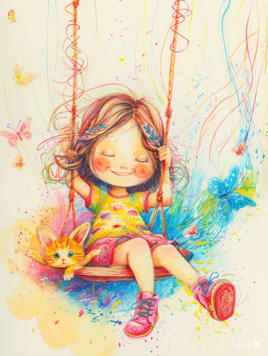 Vibrant Illustrations: A Swinging Girl and Her Kitten