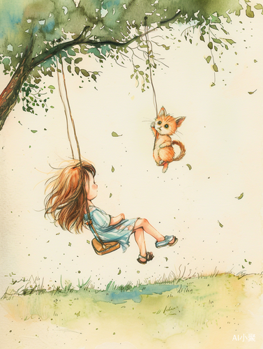 Vibrant Illustrations: A Swinging Girl and Her Kitten