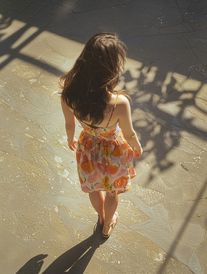 Kodak,Portra,160 8k Top view, medium shot, raw photo of a beautiful slender girl wears colorful summer dress walking on the plaza, pale and fairy skin, intricate skin texture, messy brown hair, flushing face, soft sunshine, light and shadow, high contrast,