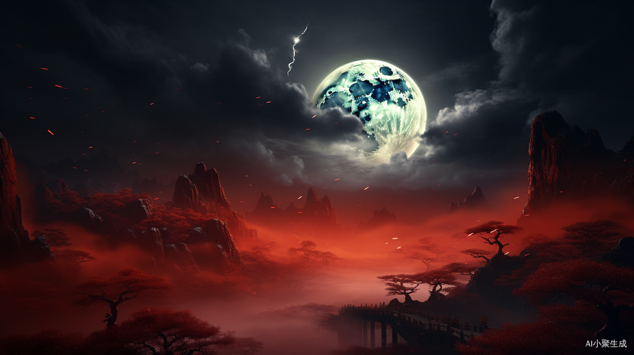 夜晚星空中的薄雾和血色月亮