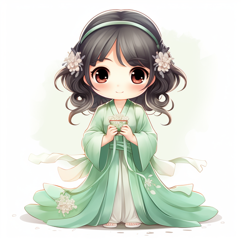 可爱浅绿色汉服小女孩chibi全身图，线条艺术贴纸艺术