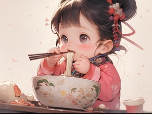 小女孩，粉色汉服，古典精致，全身图，chibi、吃饭，线条艺术，贴纸艺术，古风背景，高清画质，32k uhd