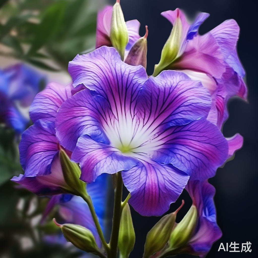 紫色双喇叭花的向右向下开放