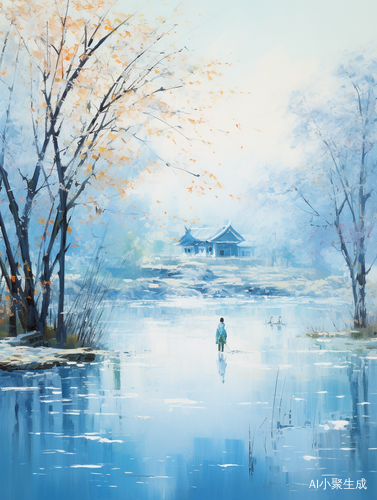 清晨翠蓝色湖边的鲁冰花庄园