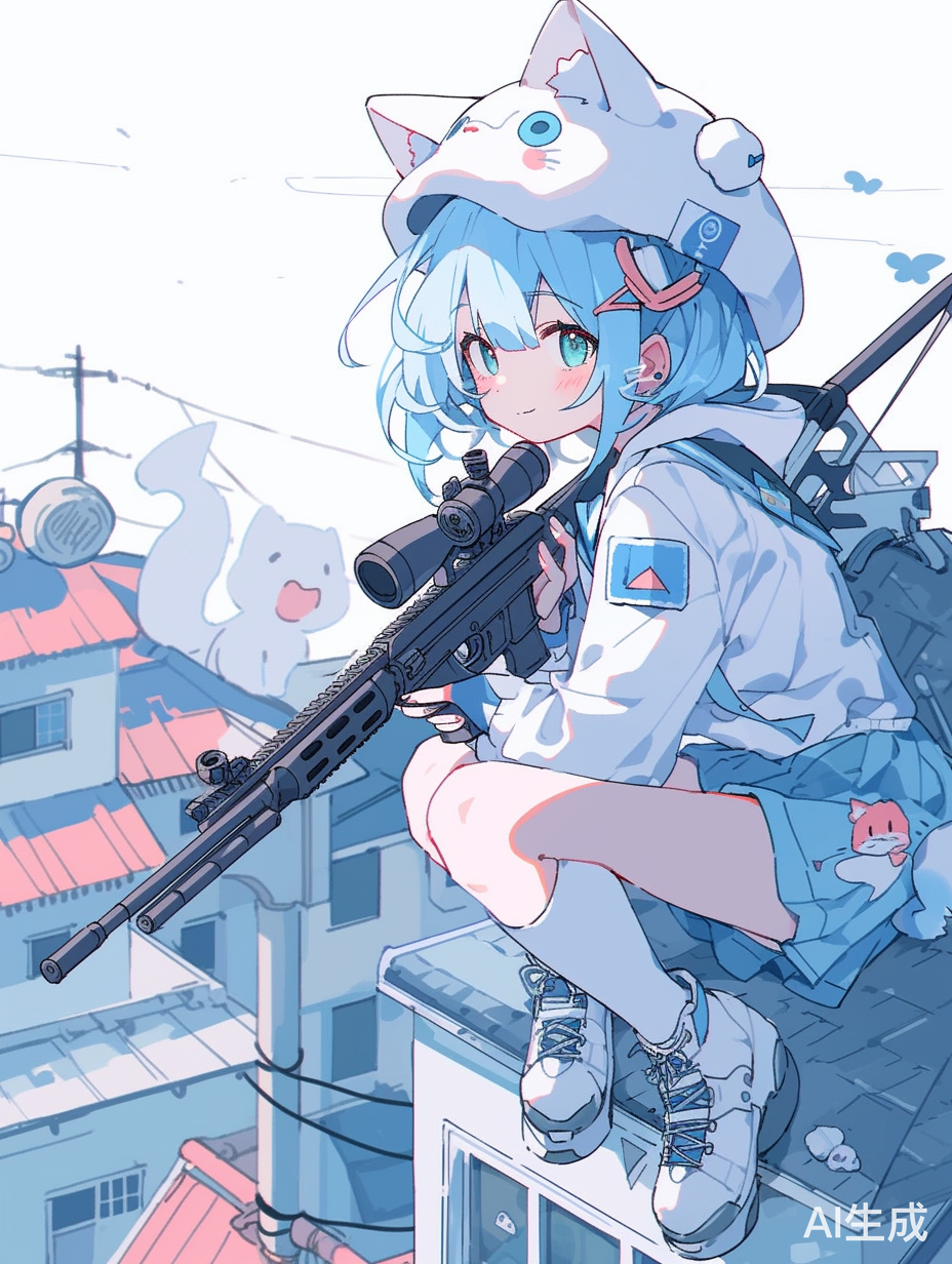 可爱女孩持狙击枪棒棒糖楼顶风景