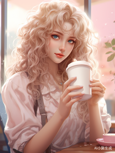治愈美丽的金发动漫女孩手捧咖啡