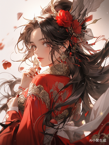 古风红衣美女花瓣飞舞