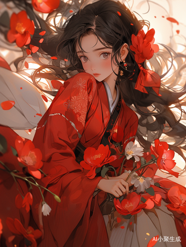 古风红衣美女花瓣飞舞