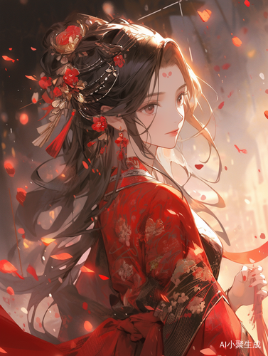 古风红衣美女花瓣飞舞