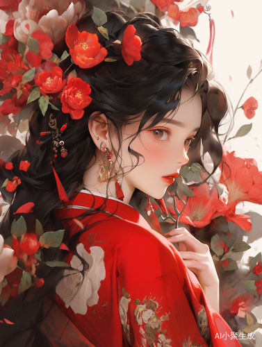 古风红衣美女花瓣飞舞
