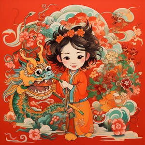 中国画的一个小女孩与龙和花，在丰富多彩的动画剧照，腓尼基艺术，红色背景，概述艺术，动画繁荣，贵族的描绘的风格，画面上标注“诸事如意”的字样