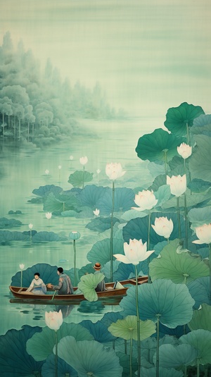 Chinese Ink Painting: Lotus Leafs and Boat on Sparkling Water