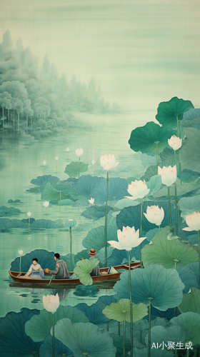 Chinese Ink Painting: Lotus Leafs and Boat on Sparkling Water