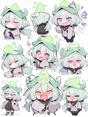 小女孩，浅绿紫色旗胞服，精致合体，全身图，chibi，9种姿势和表情，emoticons[头晕、高兴、生气、哭泣、悲伤、可爱、期待、大笑、失望和害羞、困倦、吃饭、头晕、表达爱意，等]，线条艺术，贴纸艺术，白色背景