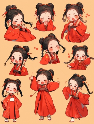 小女孩，浅黄色汉服，放鞭炮，古典精致，全身图，chibi，9种姿势和表情，emoticons[头高兴、表达爱意，等]，线条艺术，贴纸艺术，红色背景