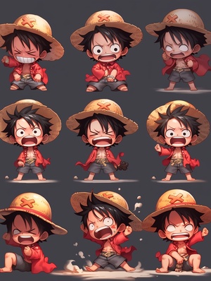 海贼王，One Piece，路飞，Monkey D. Luffy，chibi，Q版，全身，表情包，9个表情，开心，微笑，悲伤，严肃，表情符号表，各种姿势和表情，不同的情绪，各种poss和表情，8k